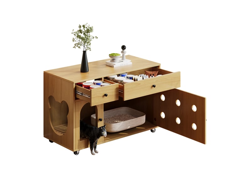 Meuble litière féline 100x45x66 cm – naturel – 2 tiroirs, porte ventilée et roulettes mobiles - Conforama A