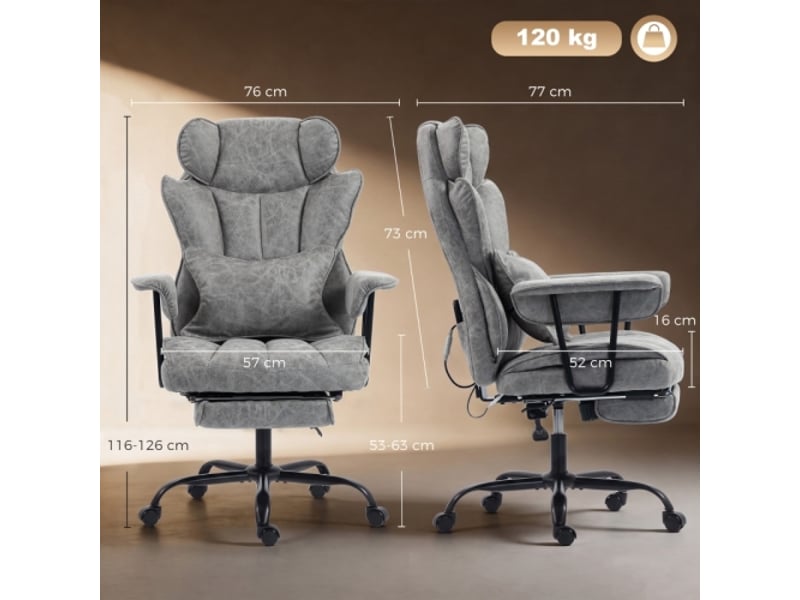  Chaise de bureau massante 6 points, chauffante, repose-pieds, soutien lombaire, assise large, grise  - Conforama C