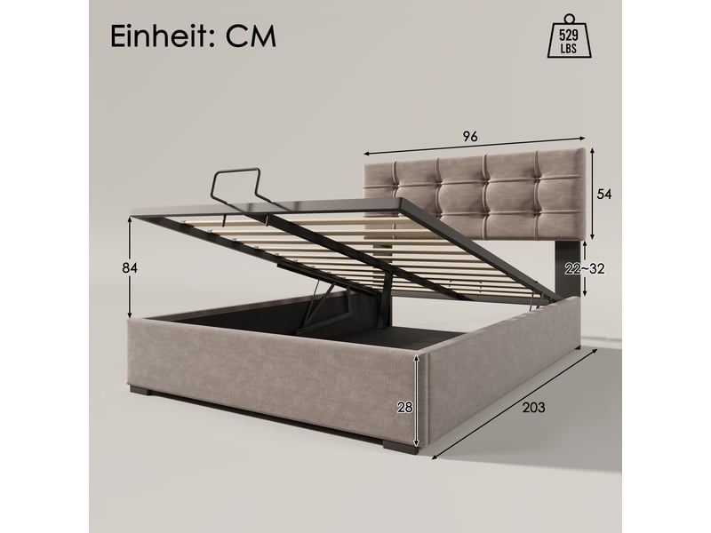  Lit coffre 90x200 cm - lit coffre capitonné simple avec tête de lit réglable et coffre hydraulique, velours gris, matelas inclus  - Conforama C
