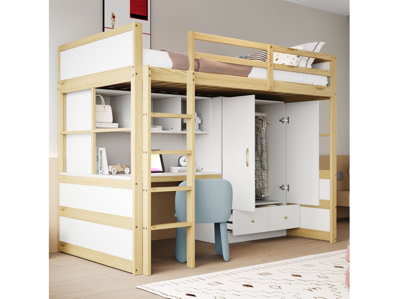  Lit mezzanine enfant 90x200 cm blanc et bois naturel avec bureau  - Conforama E