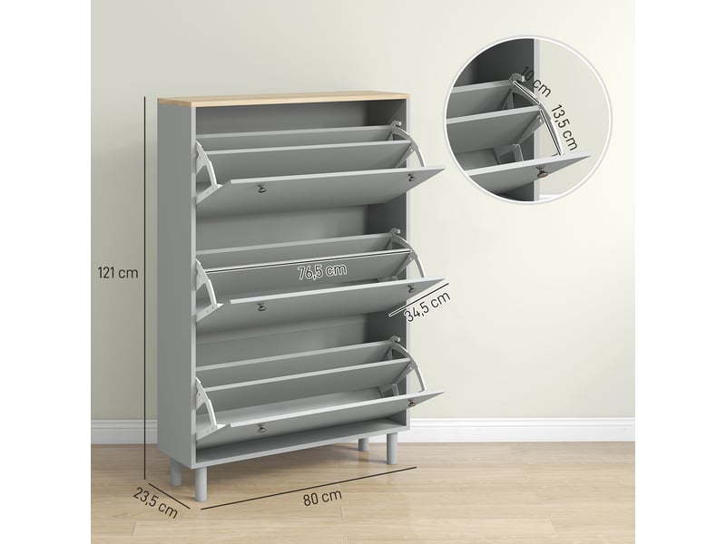  Meuble à chaussures 24 paires avec 3 tiroirs rabattables et étagères réglables, gris, 80x23,5x121cm  - Conforama C