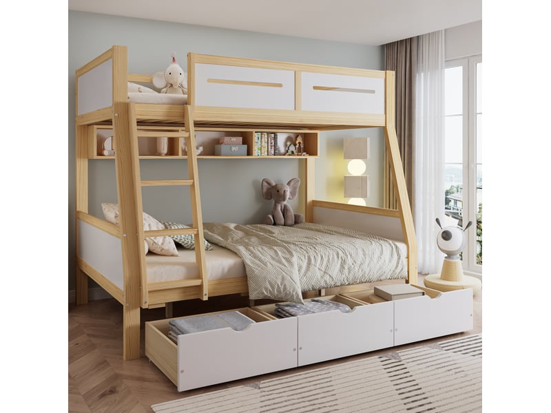 Lit superposé enfant 90x200 et 120x200 cm blanc et naturel avec 3 tiroirs - Conforama E