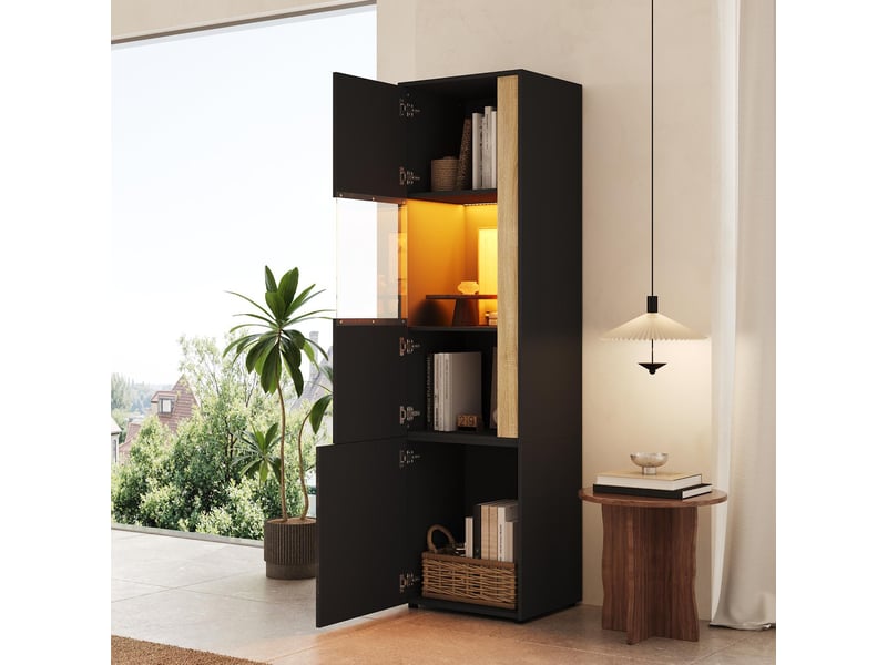  Vitrine colonne 2 portes avec éclairage led 50 x 40 x 179 cm noir et naturel N657P37472223S - Conforama E