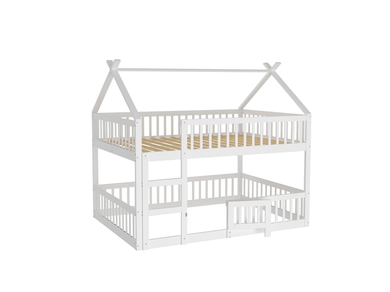  Lit superposé enfant 140x200, lit mezzanine avec escalier et toit, cadre en bois massif, lit cabane blanc avec barrière de sécurité.  - Conforama D