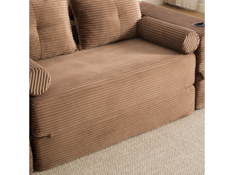  Canapé convertible 2 places en velours côtelé marron avec porte-gobelet et pochettes latérales  - Conforama R