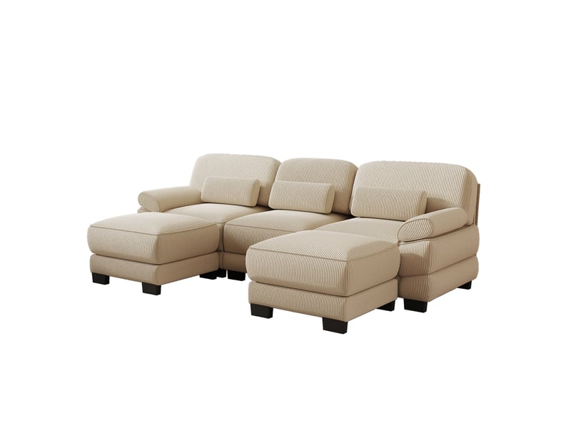  Canapé panoramique modulable 3 places 265 x 161 x 94 cm avec 2 poufs, assise profonde et coussins épais, velours côtelé, beige Morn Vibe - Conforama A
