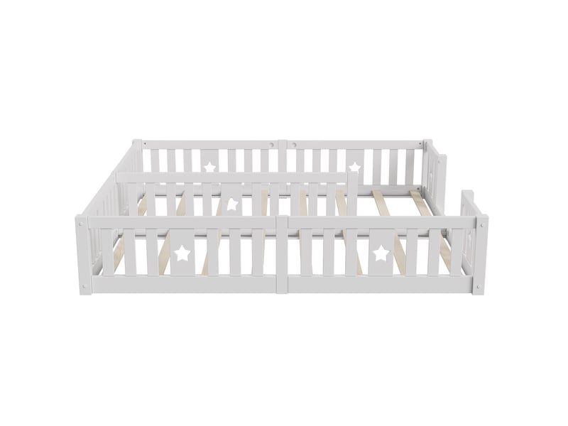  Lit enfant 90x200(x2), lit au sol avec barrière et sommier, bois de pin massif, motif étoiles, style montessori, blanc  - Conforama D