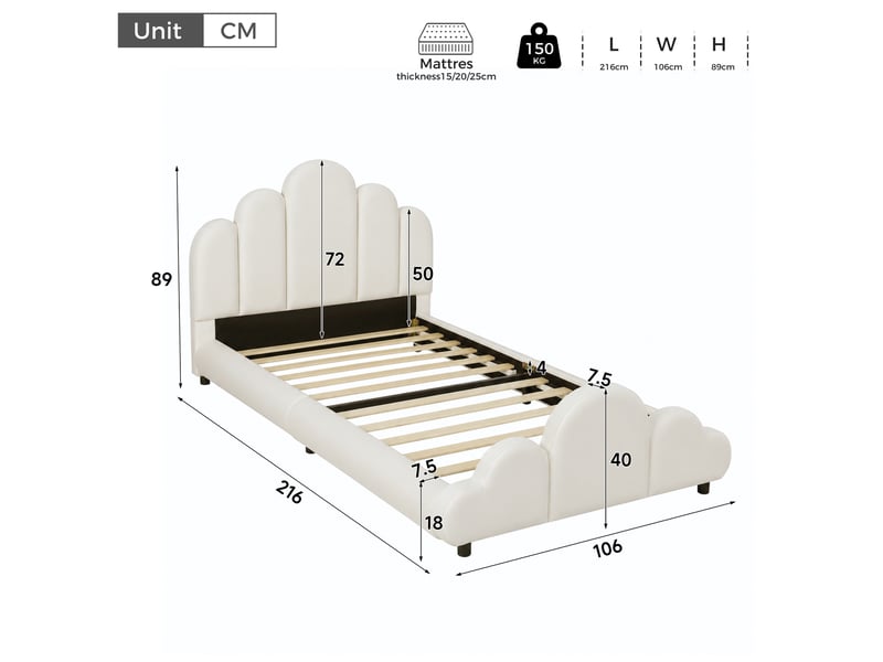 Lit enfant 90x200 cm – design nuage avec coins arrondis et sommier à lattes – velours – beige CozyNest - Conforama C