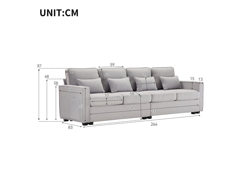  Canapé 4 places modenvie en tissu aspect lin gris 264 x 83 x 87 cm  - Conforama C