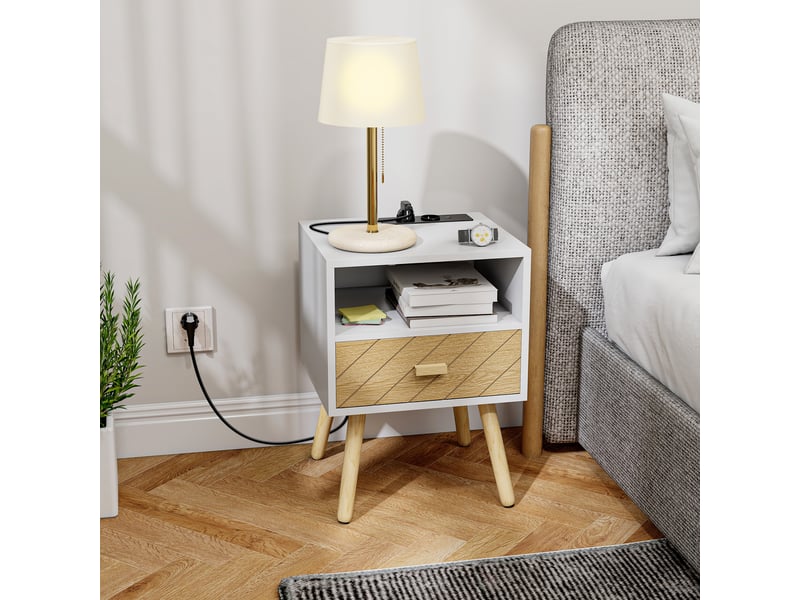  Table de chevet avec station de charge, tiroir, 2 prises secteur, port usb type-c, compartiment ouvert, pieds en bois, blanche  - Conforama C
