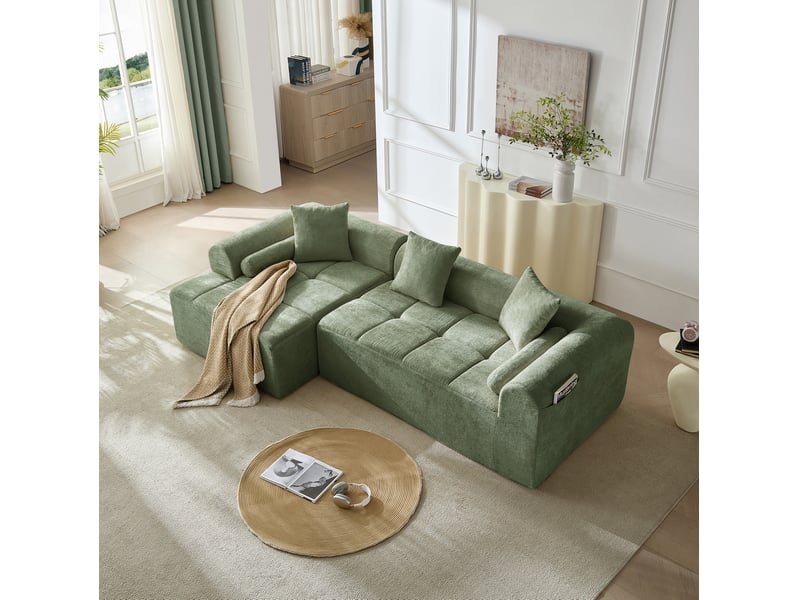  Canapé d'angle tcqpz 4 places 263 x 132,5 x 68 cm en chenille vert avec poche latérale  - Conforama C