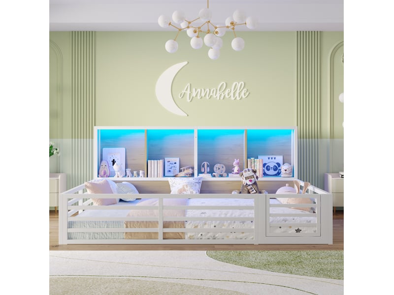 Lit enfant 140 x 200 cm, barrières ouvrantes, rangements, gain de place, mdf et métal, chevet led blanc, sans matelas - Conforama B
