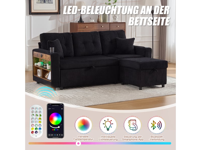 Canapé convertible velours côtelé 3 places avec rangement, lit invité, led, port usb-c et porte-gobelet, 196 cm, noir - Conforama B
