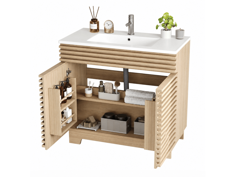  Meuble vasque sur pied 91 x 46 x 86,5 cm, avec vasque et portes, armoire de rangement, en mdf et céramique, naturel  - Conforama A