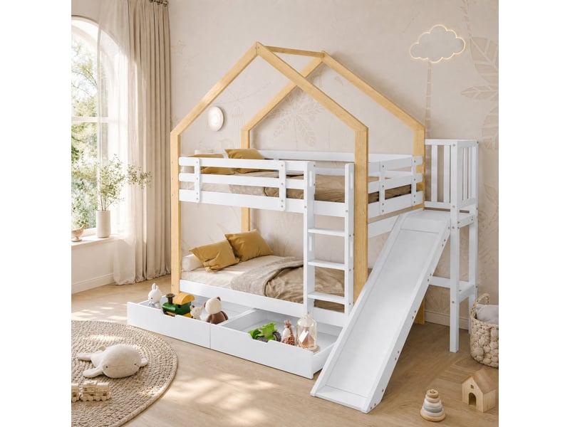  Lit superposé maison 90x200 cm, lit enfant, toboggan, 2 tiroirs, échelle 3 marches, mdf, blanc et naturel, sans matelas  - Conforama B