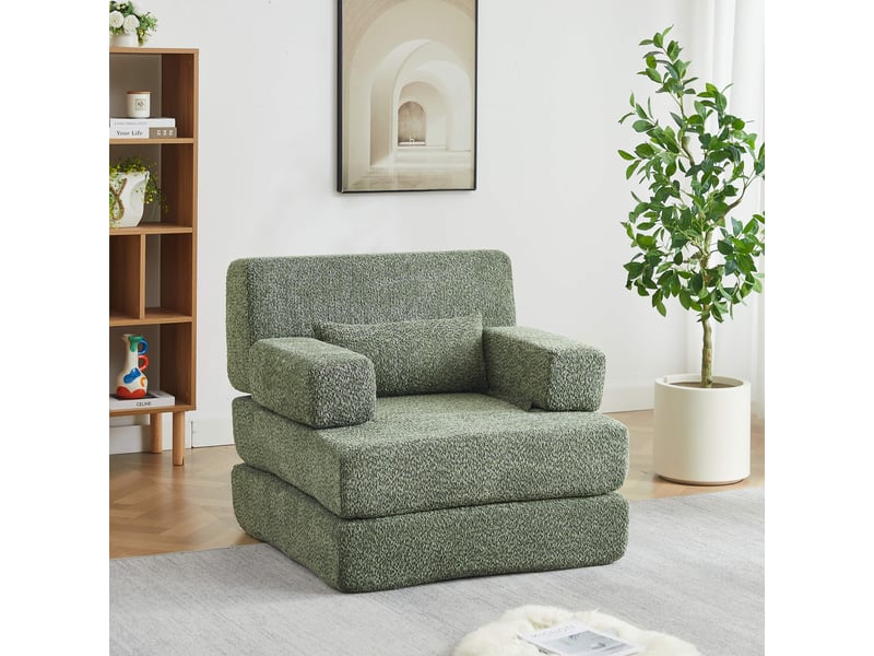 Canapé convertible pliable 1 place 2 en 1-chauffeuse modulable-chenille-lit d'appoint-cadre métal-petit espace-vert - Conforama C