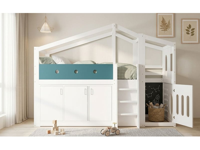  Lit enfant 90 x 200 cm lit simple mi-hauteur forme maison espace de jeu armoire de rangement échelle structure en bois  - Conforama B