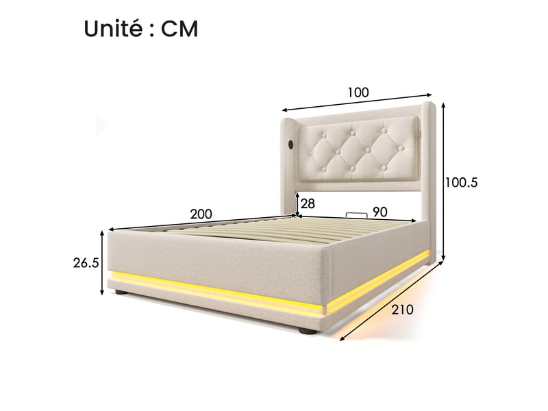  Lit coffre simple 90x200 cm en coton beige avec rangement hydraulique, usb, type-c et led, matelas inclus  - Conforama D
