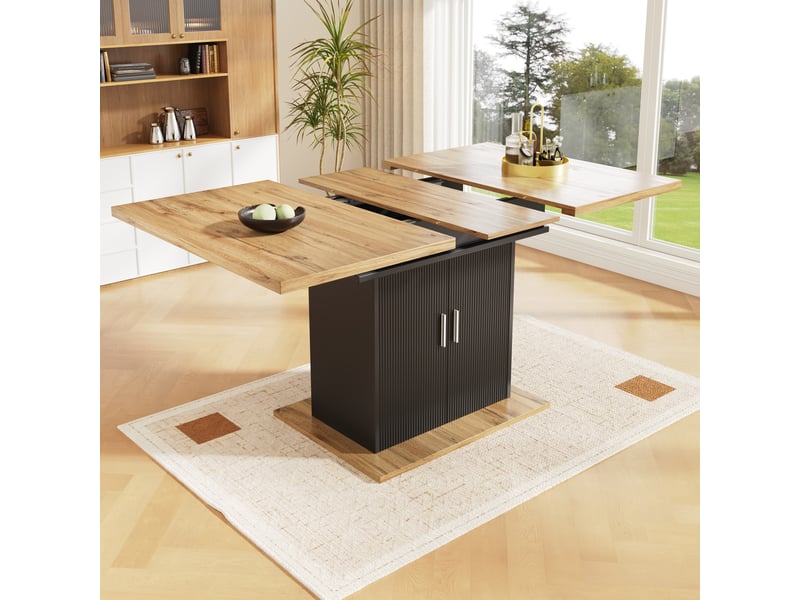  Table à manger rectangulaire extensible 110-140 x 70 cm avec rangement 3 niveaux, façade ondulée, étagères réglables, naturel et noir, moderne  - Conforama B