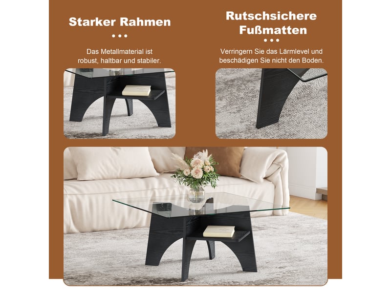  Table basse carrée avec plateau en verre trempé et étagère - lpospi - piètement mdf noir, 80 × 80 × 40 cm  - Conforama E