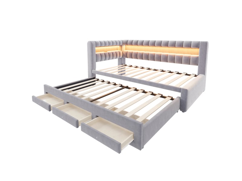  Lit gigogne 90x190 cm en velours gris clair avec led, usb et rangements, sans matelas  - Conforama E
