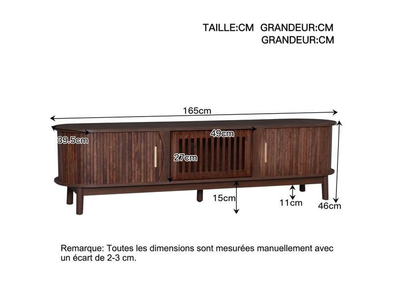  Meuble tv ovale 180 x 40 x 40 cm bois clair mdf effet rotin 2 portes 2 portes coulissantes salon  - Conforama E