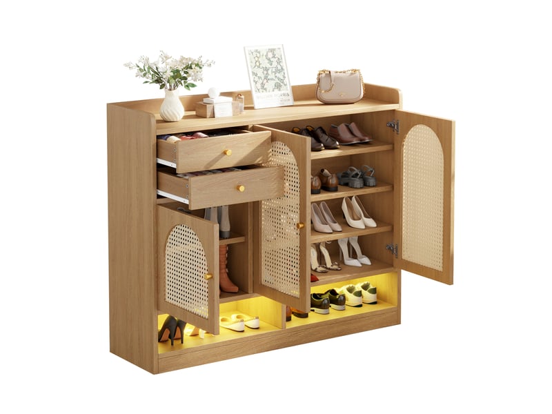  Meuble à chaussures 120x35x100 cm, 3 portes effet rotin et led, naturel  - Conforama A
