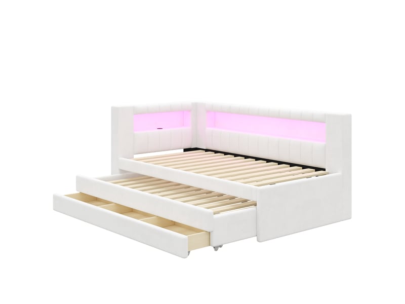 Lit gigogne extensible 90/180x200 cm avec bureau, led 7 couleurs, ports usb, tissu lin rose, sans matelas - Conforama A