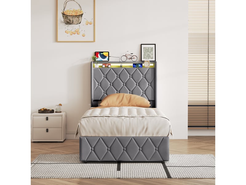  Lit coffre simple 90x200 cm avec tête de lit matelassée et sommier, led et ports usb-c, velours, gris, sans matelas  - Conforama D