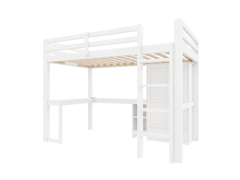  Lit mezzanine 90x200 cm, lit simple avec bureau, armoire, led et usb blanc, sans matelas  - Conforama R