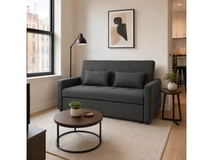 Canapé convertible 2 places dossier inclinable 3 positions pans latéraux effet capitonné 2 coussins tissu anthracite