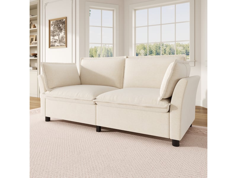 Canapé 2 places en tissu chenille beige, 2 coussins d'accoudoir, montage facile, 155×81×87 cm - Conforama B