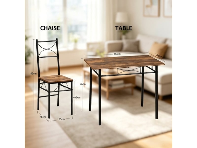  Ensemble table et 4 chaises industriel 110x70 cm, plateau mdf et pieds métal marron rustique  - Conforama C