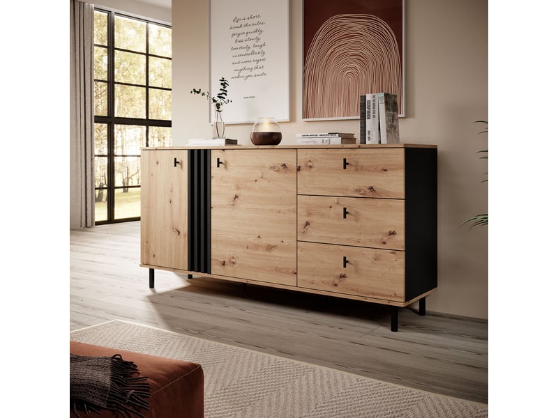  Crédence haradali, buffet 3 tiroirs, 165x40x82h cm chêne marron nœuds Haradali - Conforama B