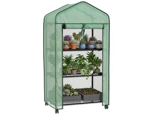 Mini serre de jardin avec 3 étagères, bâche pe haute densité, porte enroulable, 4 roulettes, dim. 69l x 49l x 130h cm