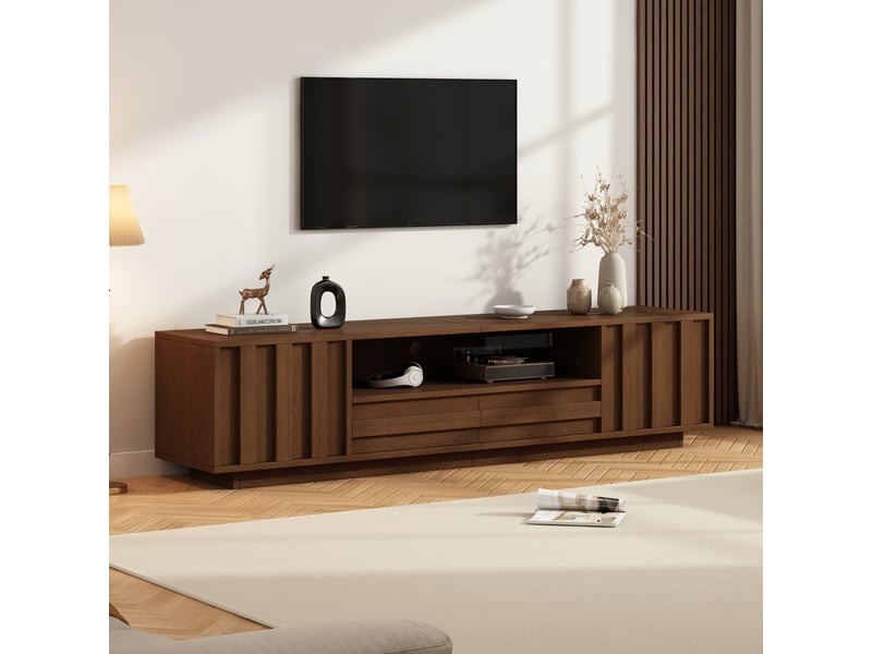 Meuble tv 180x40x45 cm - grand rangement - 2 tiroirs - 2 portes - mdf - mobilier fonctionnel - design moderne - rangement multimédia - noyer CozyNest - Conforama B