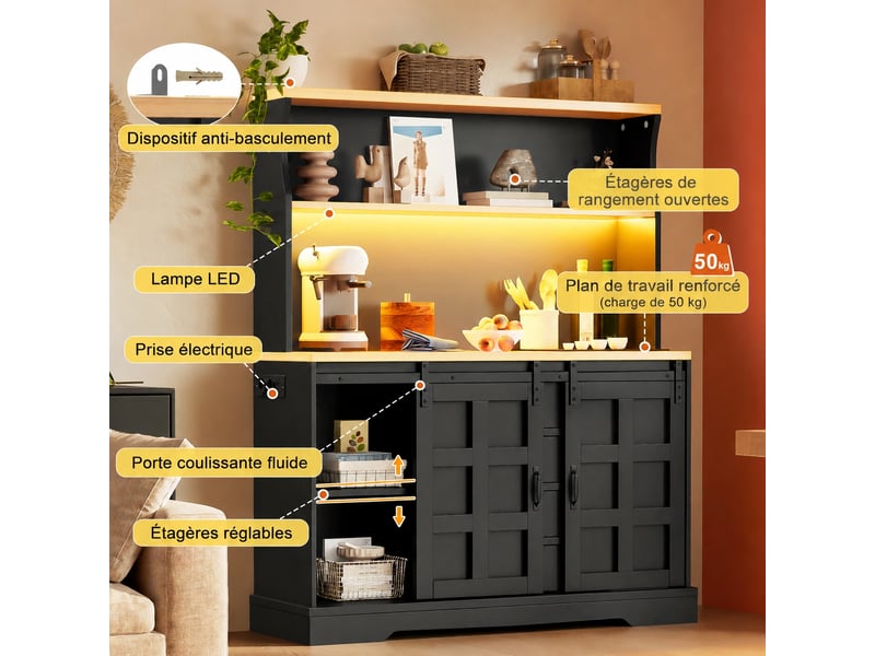  Meuble haut de cuisine avec rangement et vitrine, meuble bar avec éclairage led rgb, prises usb, 120 x 40 x 150 cm, noir  - Conforama C