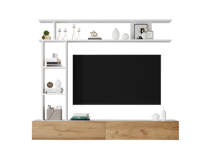  Ensemble mural tv 180x35x22,5 cm, 2 portes de rangement, pose murale ou au sol, panneau de particules, blanc et bois  - Conforama A