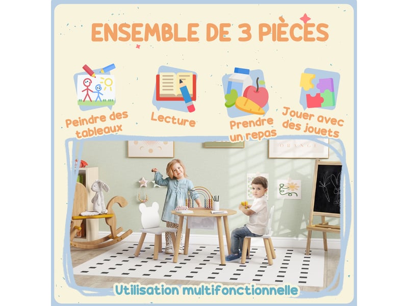  Ensemble 1 table ronde, 2 chaises pour enfant 3 pièces, dossier en forme d'ours, activités, bricolage, 3-6 ans, repas  - Conforama R