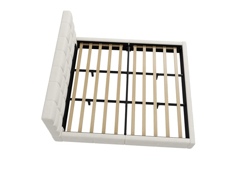  Lit rembourré beige 180x200 cm en velours avec tête de lit garnie de mousse, surpiqûres décoratives et sommier à lattes  - Conforama E