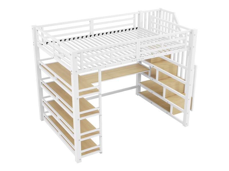 Lit mezzanine 140x200 cm blanc, avec bureau, rangements, escalier de rangement, 4 étagères, led, usb, structure métal, sommier inclus, sans matelas - Conforama E