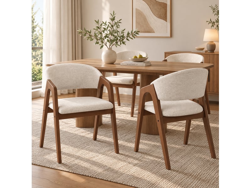 Chaise de salle à manger, lot de 6 avec dossier incurvé et accoudoirs, assise rembourrée en lin et bois, noyer et beige avoine - Conforama B