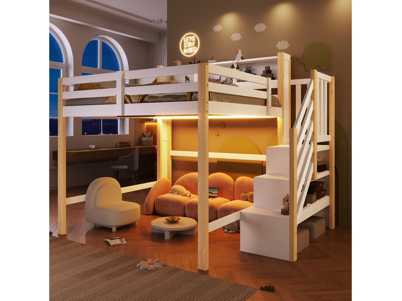  Lit mezzanine enfant 140x200 cm avec led et escalier de rangement blanc et naturel  - Conforama B