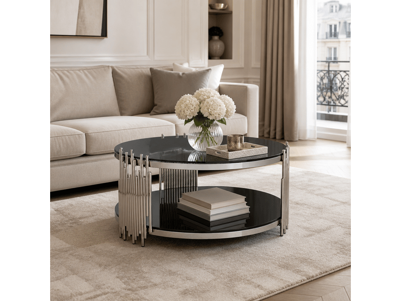  Table basse ronde en verre noir 80cm avec double plateau verre et base acier argenté pour salon  - Conforama B