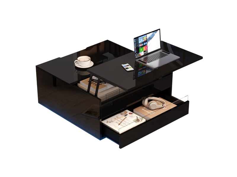  Table basse relevable carrée noire 70x70 cm avec led, rangement caché et tiroir, finition brillante  - Conforama A