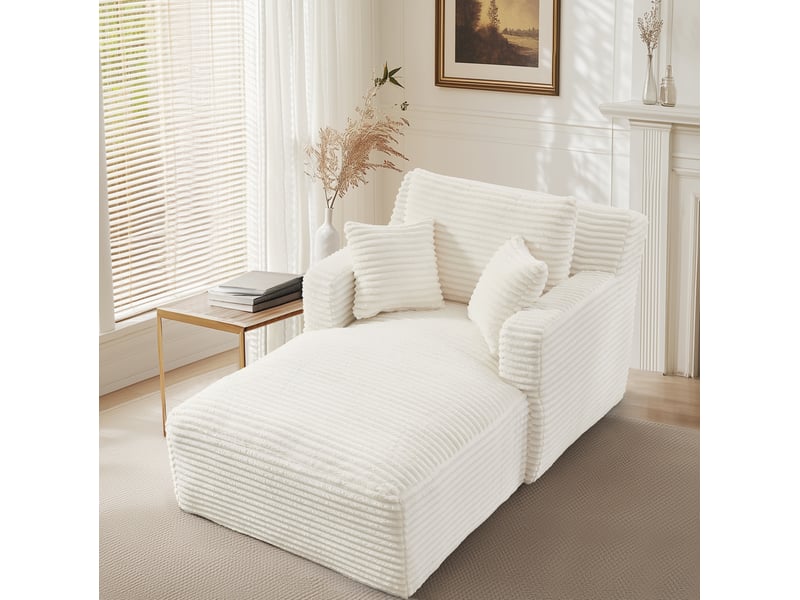  Méridienne convertible en velours côtelé avec mousse haute densité et ressorts ensachés, crème  - Conforama B