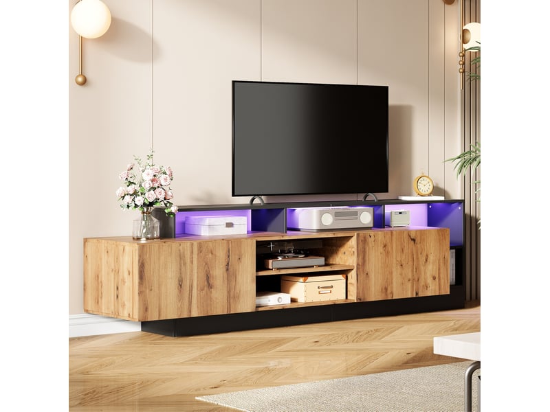  Meuble tv moderne bois naturel et noir avec led, jusqu'à 70 pouces  - Conforama B