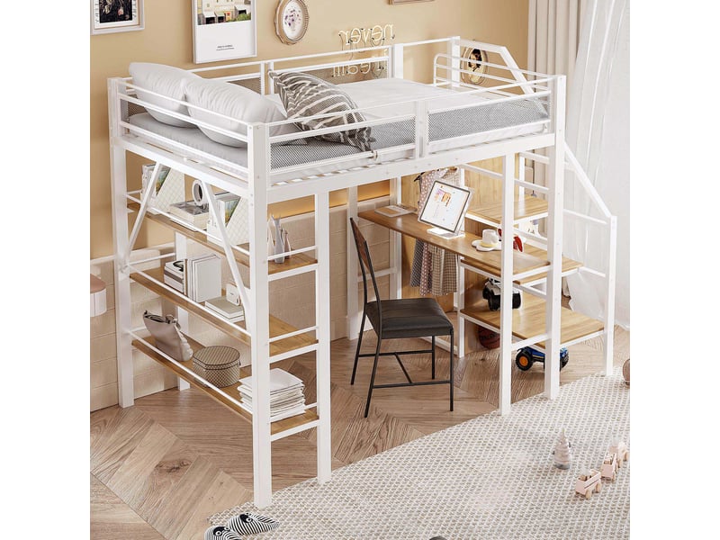  Lit mezzanine 200×140 cm avec bureau, armoire, étagères et escalier avec rangements, en métal  - Conforama C