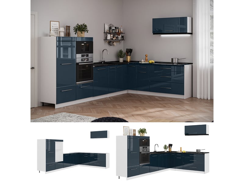  Vicco cuisine en angle, bleu foncé brillantblanc, 327x60cm, pt marbre  - Conforama D