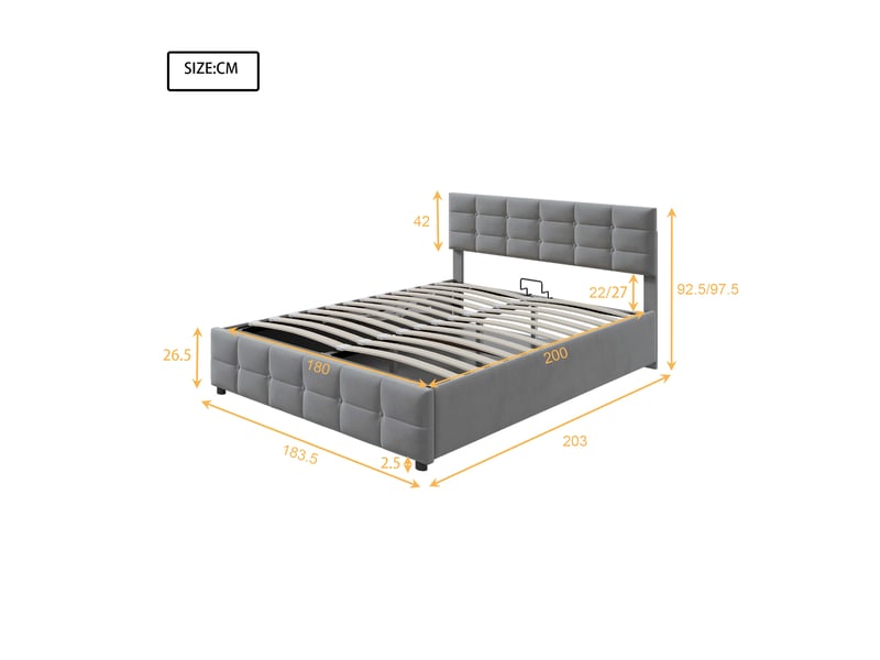  Lit coffre 180x200 cm velours gris – sommier à lattes et ouverture hydraulique  - Conforama C
